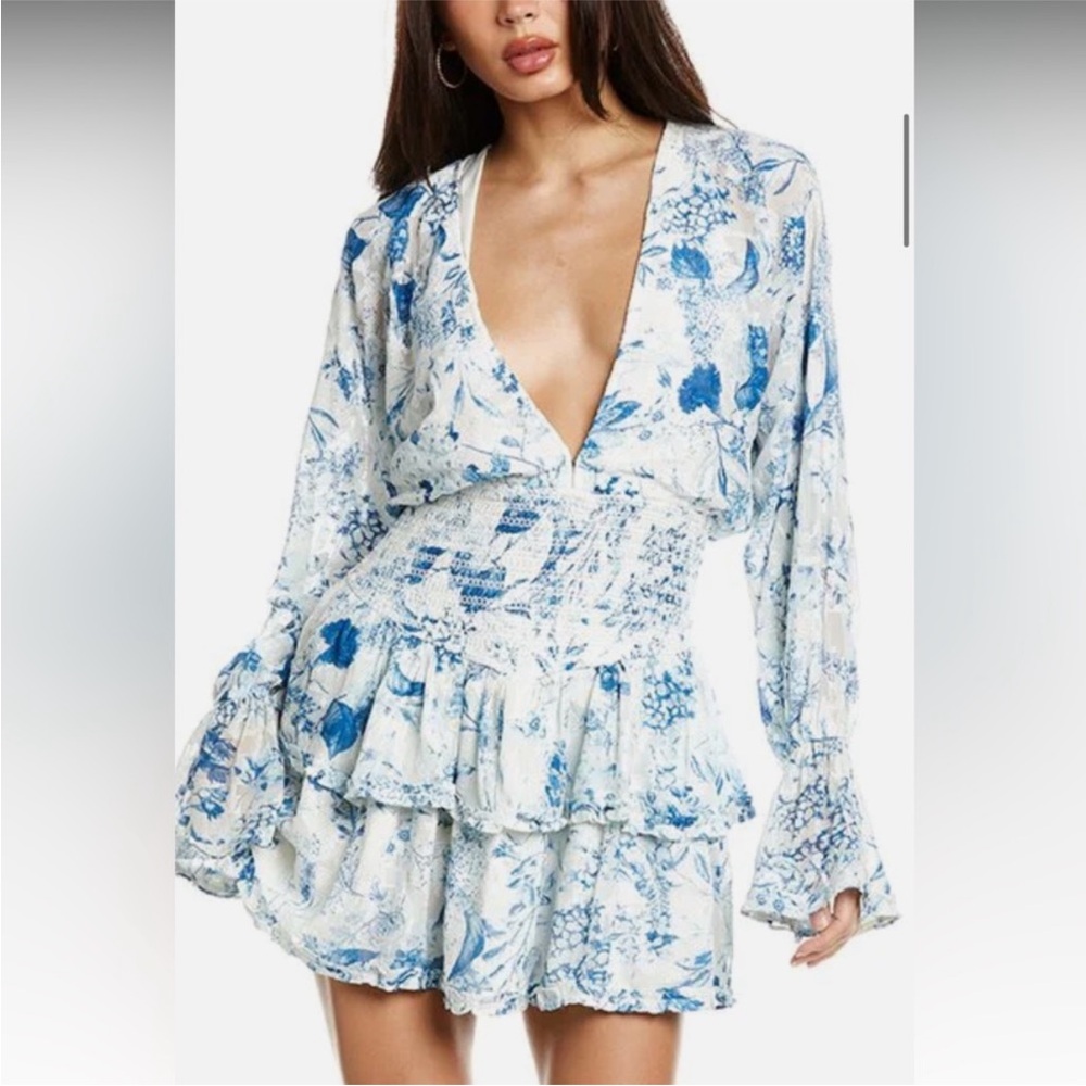 Floral Blue and White Long Sleeve Dress